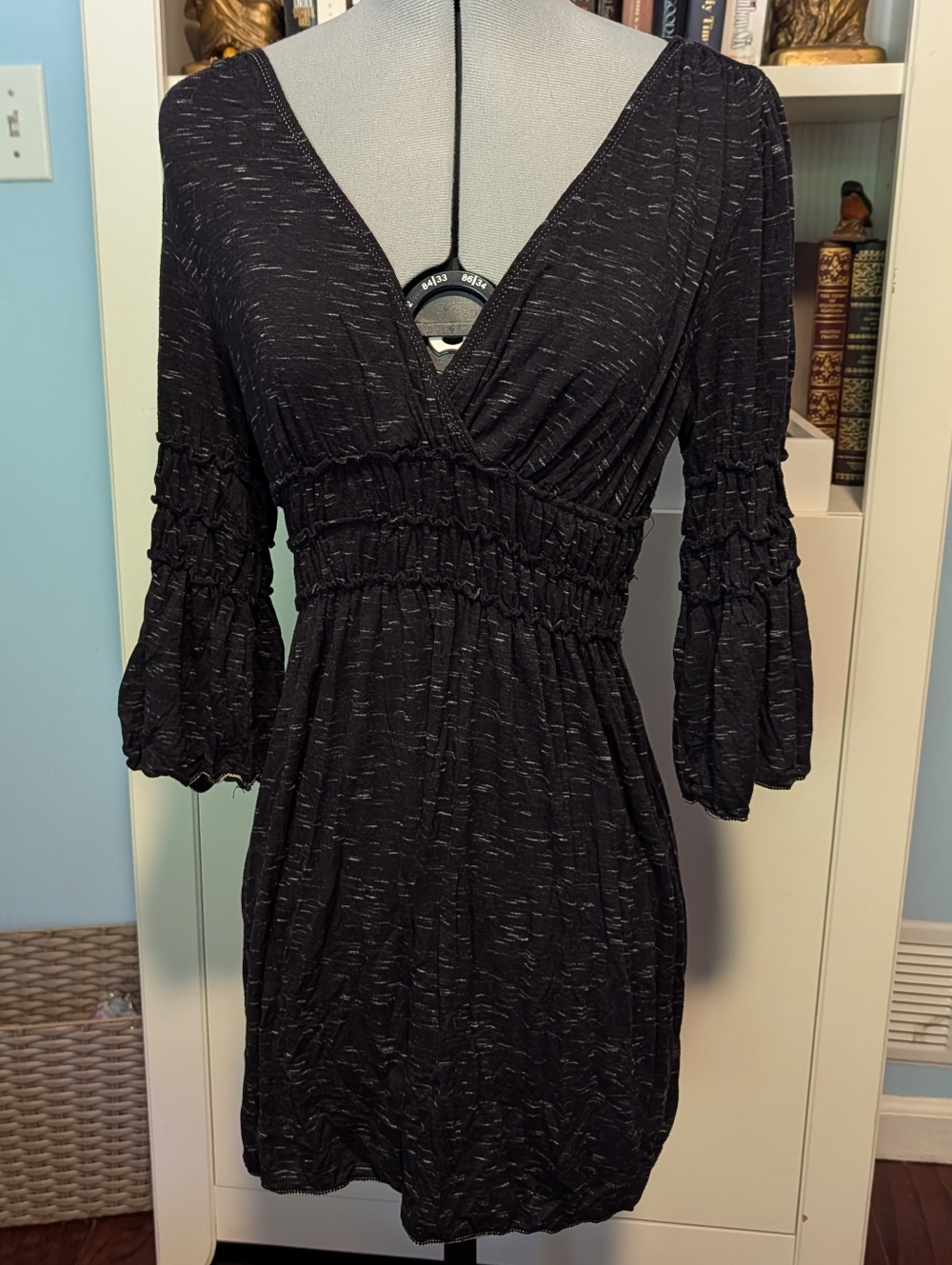 Max Studio Black V-Neck Smocked Waist Dress